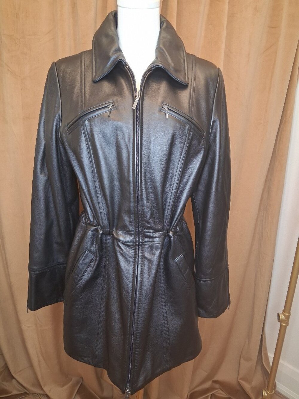 Lined Black Leather Coat Size XS